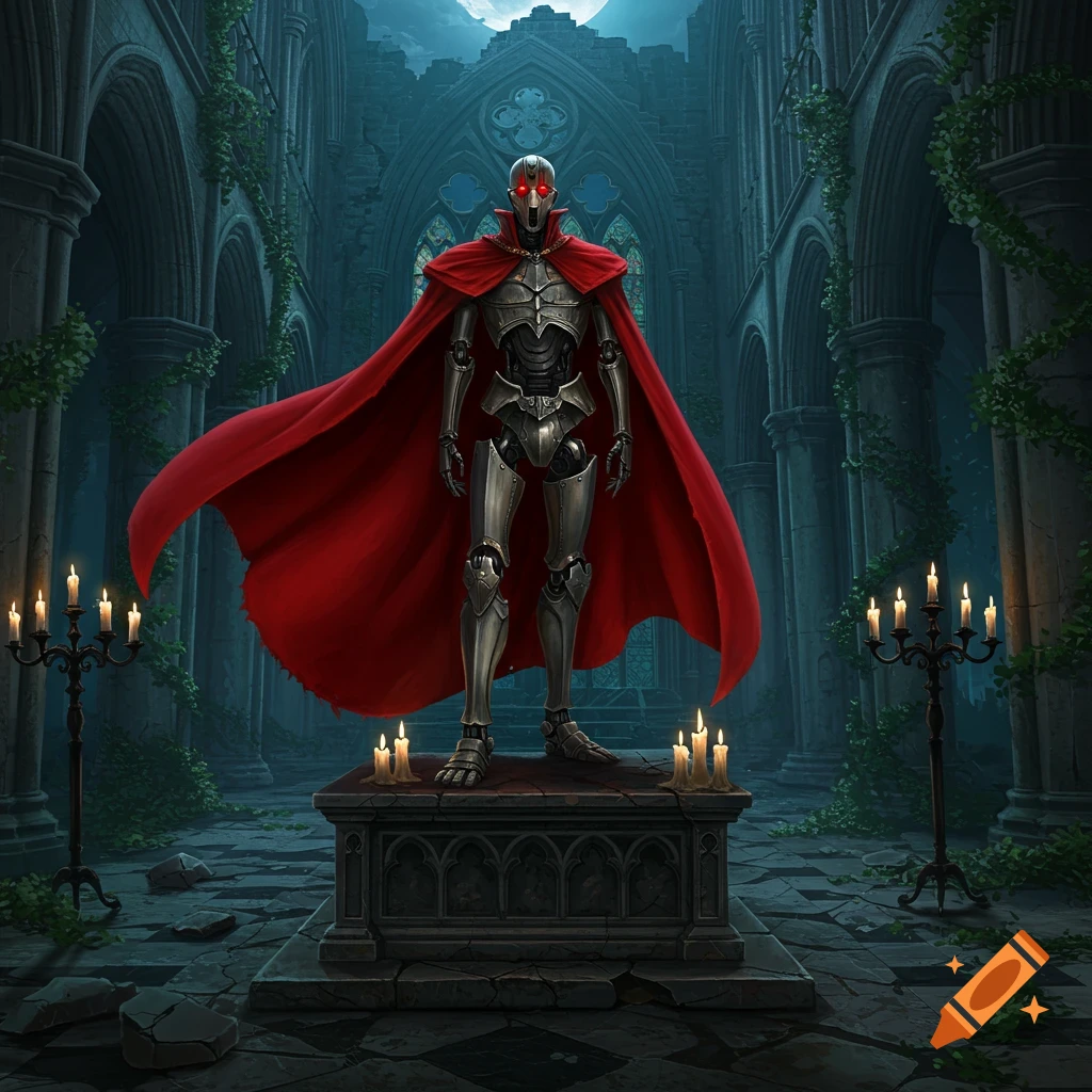 A Gothic automaton in a red cape stands on a stone altar in a ruined church, lit by candles.