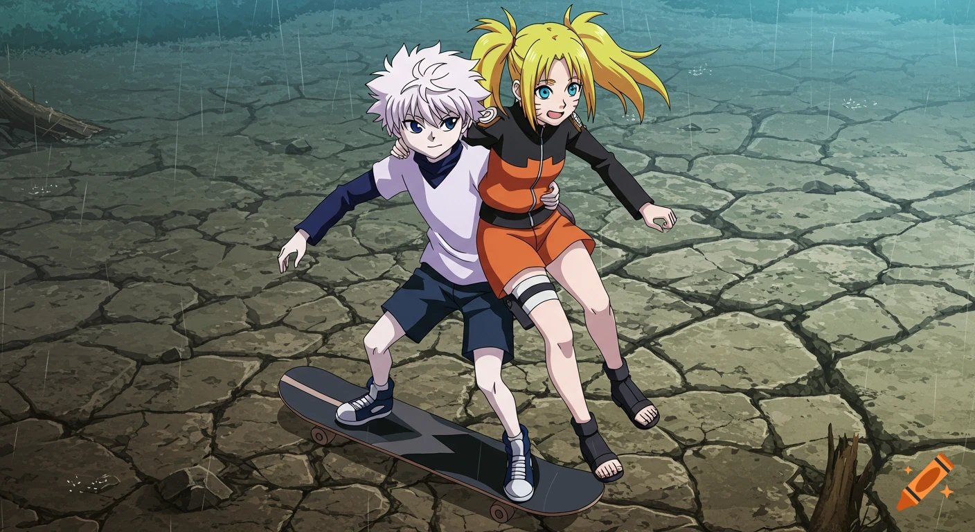 Two anime characters, Killua and Naruko, riding a skateboard on cracked terrain in the rain.