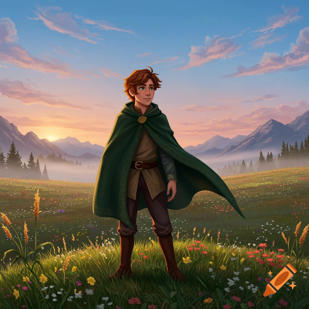 A young person in a green cape stands in a vibrant, flower-filled meadow at sunset, with mountains in the background.