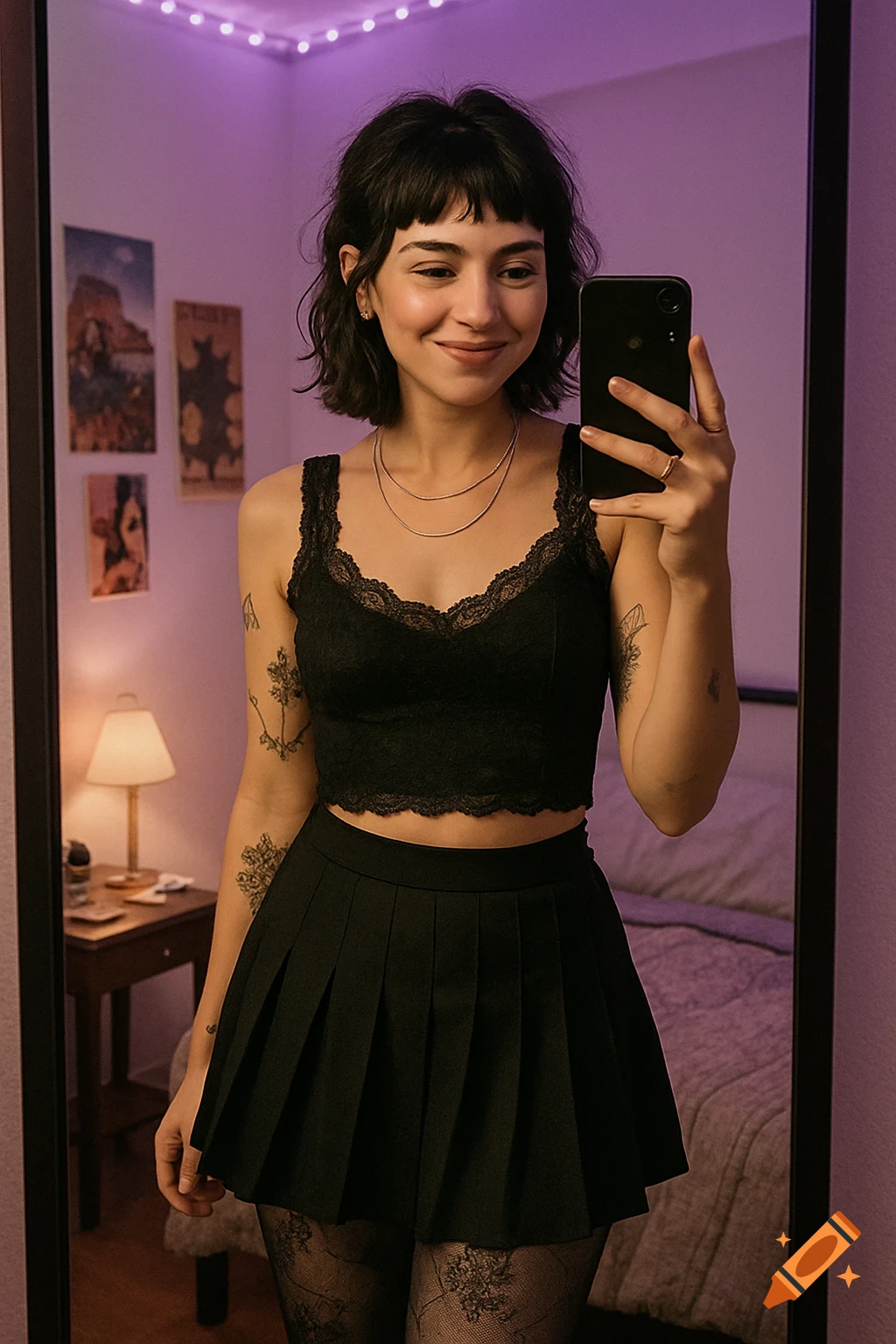 Young woman in black lace crop top, pleated skirt, and patterned tights takes mirror selfie in a purple-lit bedroom.