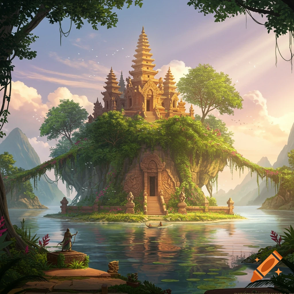 A serene, golden temple sits atop a lush, tree-covered island in a calm lake, surrounded by mountains under a sunlit sky.