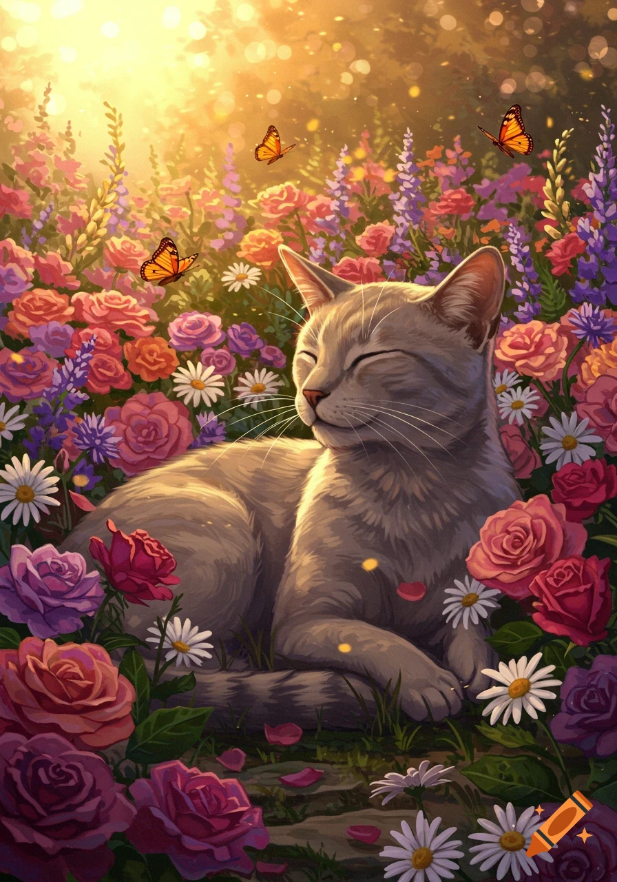 A grey cat with closed eyes rests peacefully in a lush field of colorful flowers and butterflies, bathed in golden sunlight.