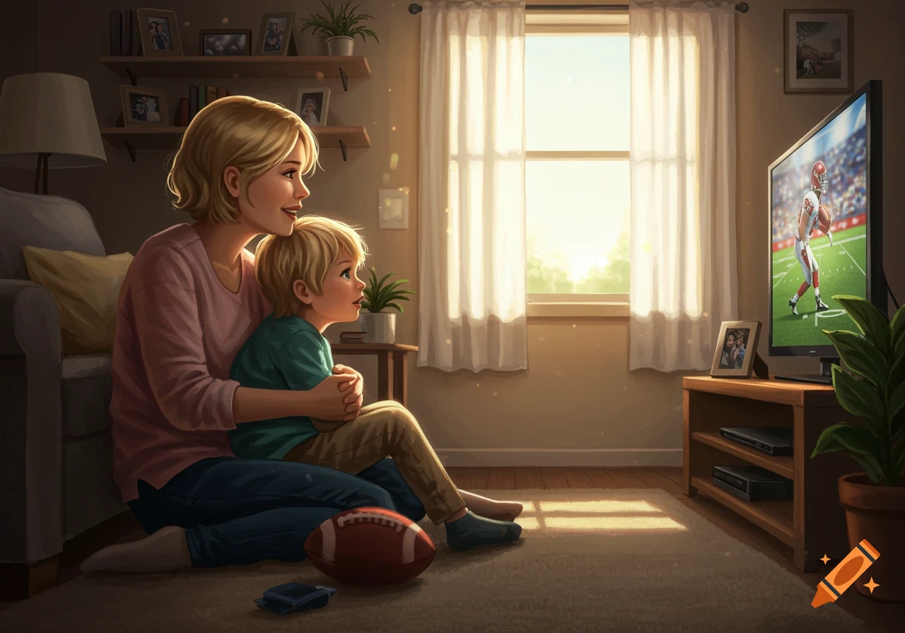 A blonde mother and her son sit on the floor in a sunlit living room, watching American football on TV.