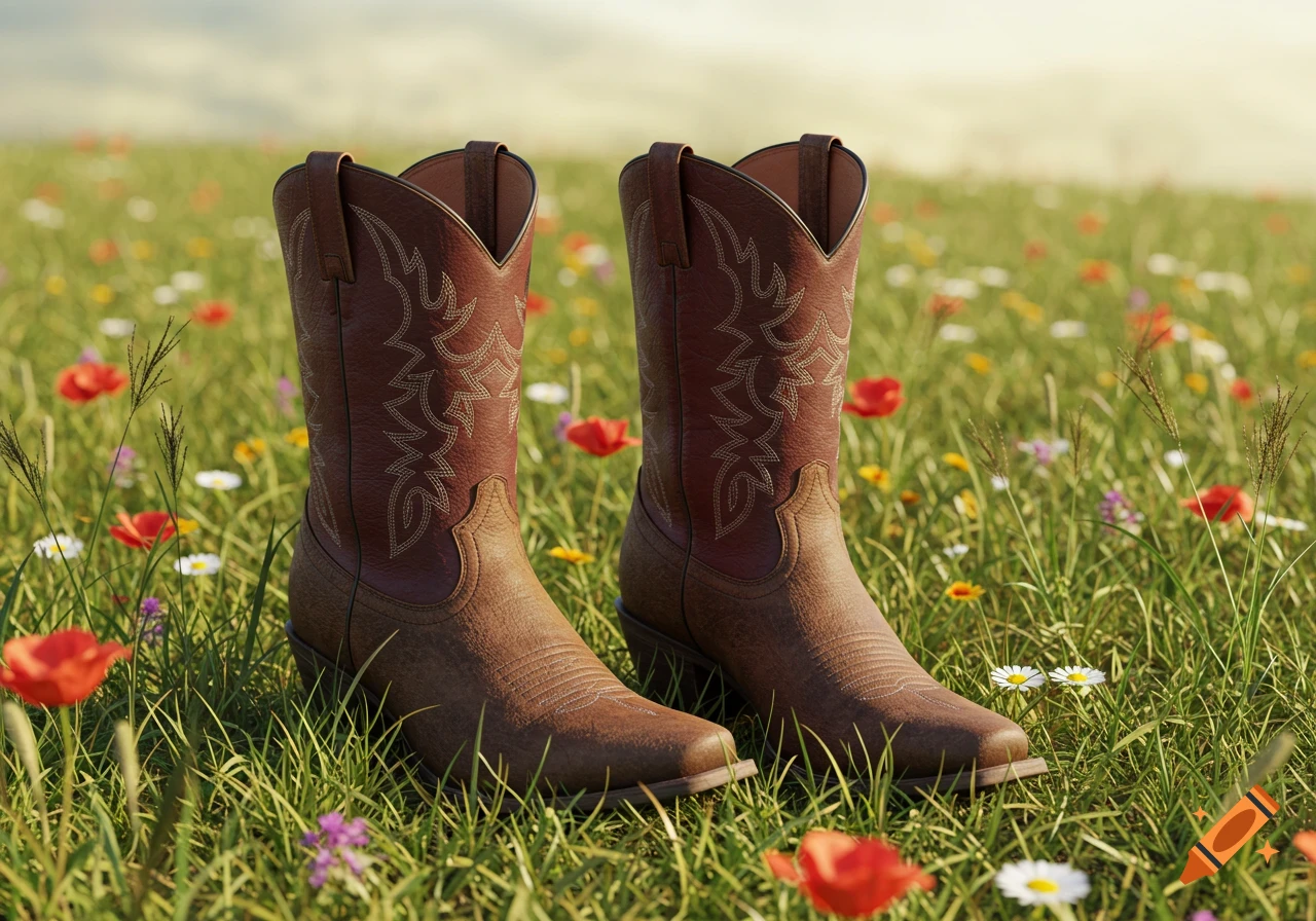 A pair of brown and burgundy cowboy boots stand in a vibrant green field with colorful wildflowers under natural sunlight.