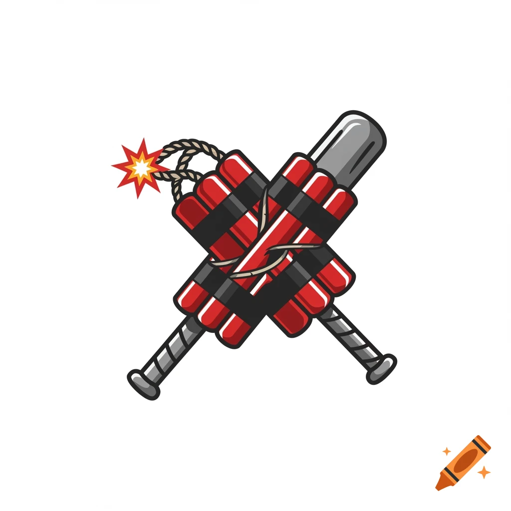 A stylized illustration of two crossed baseball bats with sticks of dynamite wrapped around them, with a lit fuse.