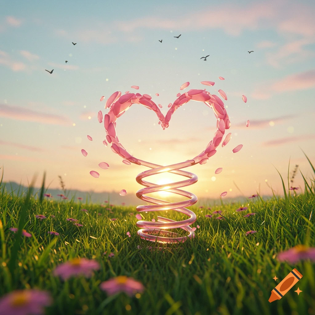 A glowing pink spring forms a heart shape with floating petals in a vibrant green meadow at sunset with birds flying.