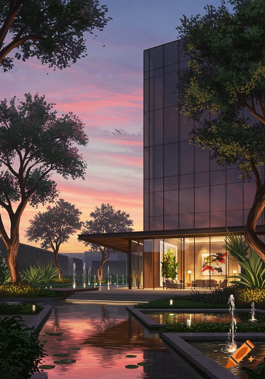 Modern building with glass facade, surrounded by lush gardens, ponds, and fountains under a vibrant sunset sky.