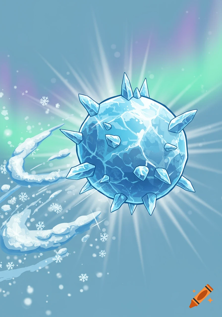 A cartoon spiked ice ball projectile streaks through the air, leaving a snowy trail and sparkling with light rays on a blue and green background.