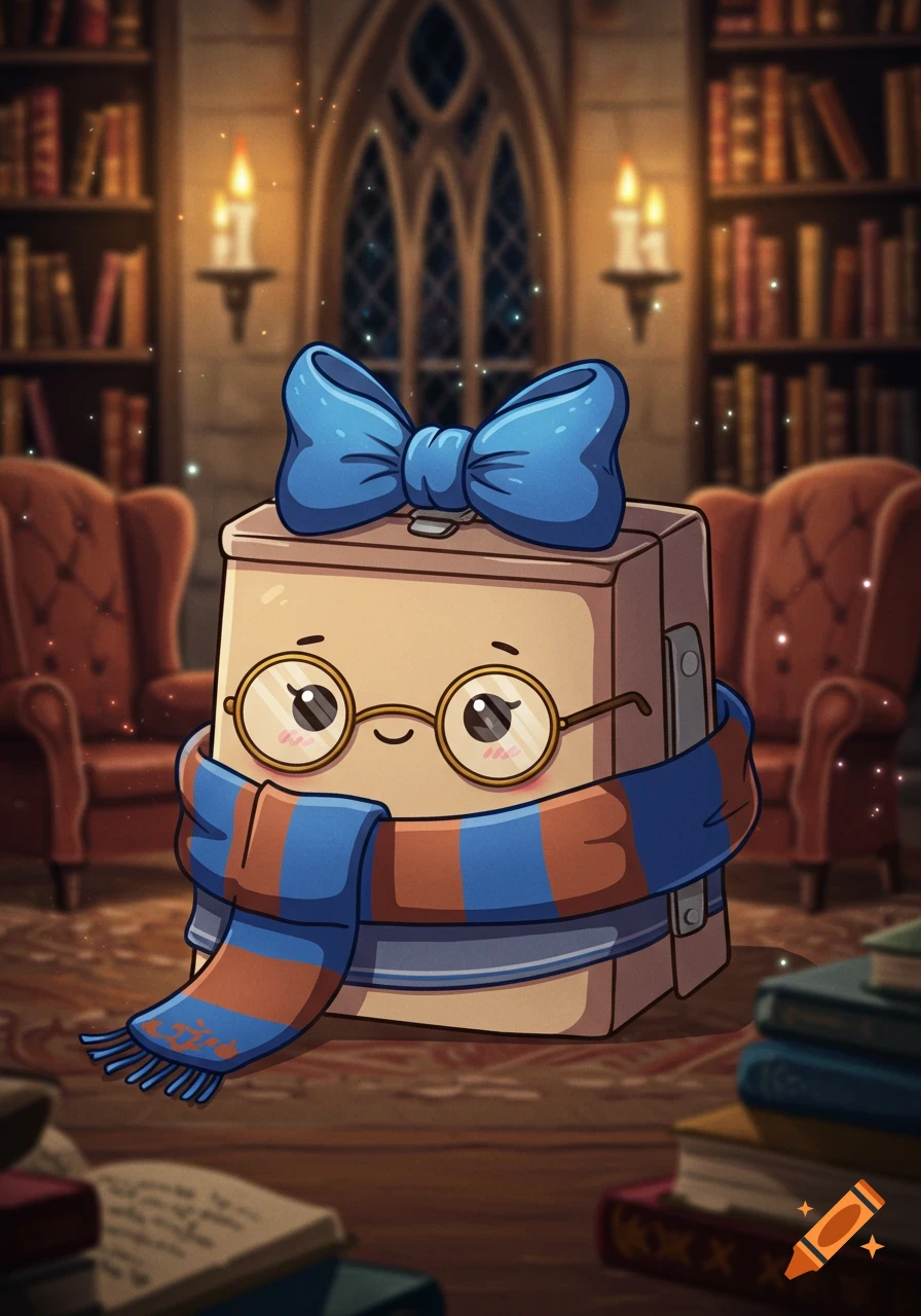 A cute, cartoonish lunchbox character with a blue bow and round glasses, wearing a blue and orange striped scarf, stands in a magical library.