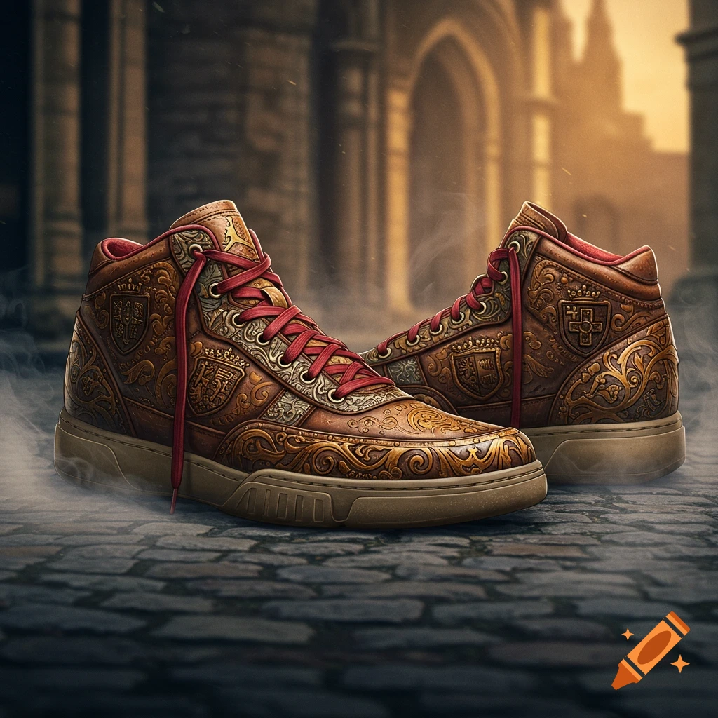 Brown medieval-style high-top sneakers with red laces and gold embossed patterns, sitting on a cobblestone street with a castle in the background.