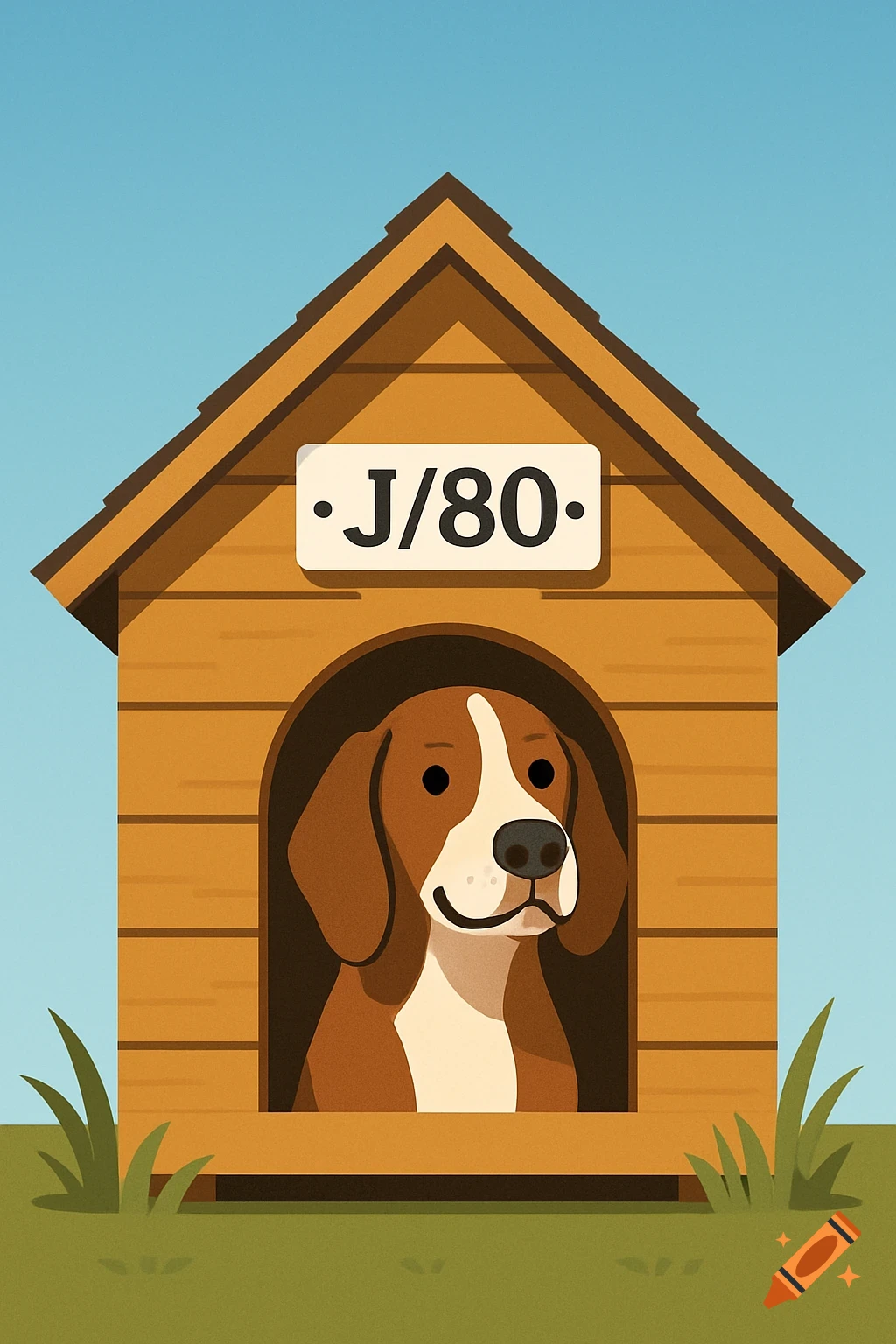 A cartoon beagle dog looks out from a wooden doghouse with a 'J/80' sign on the roof, set against a blue sky.