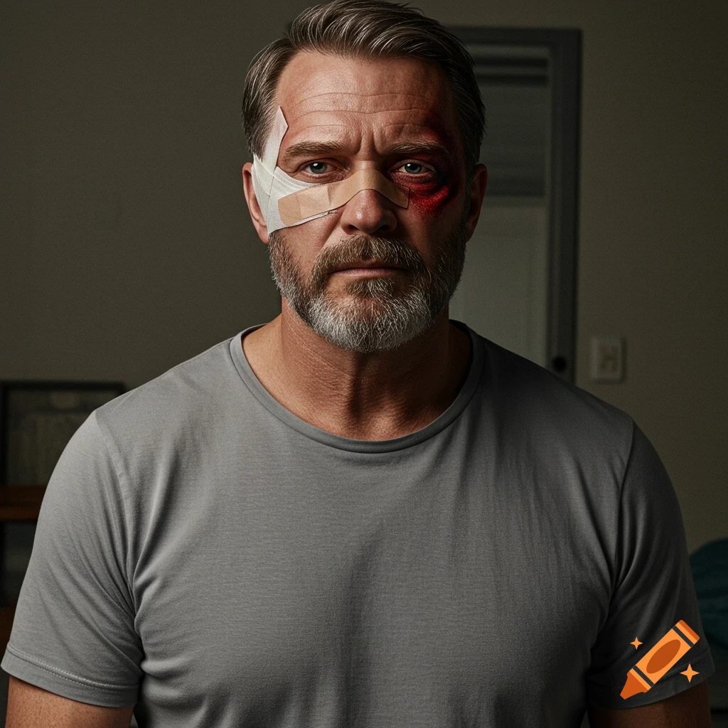 A photorealistic portrait of a middle-aged man with a bruised eye and bandages on his face, wearing a grey t-shirt.