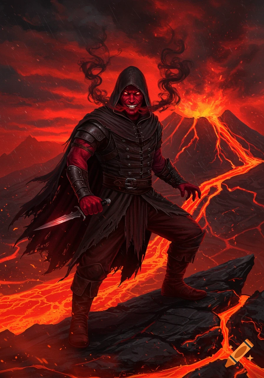 A red-skinned, red-eyed rogue in a black cloak and hood stands with a dagger on rocks amidst flowing lava and a volcanic eruption under a dark red sky.