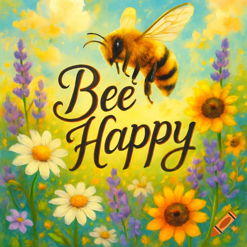 Painterly illustration of a bee flying over a field of daisies, sunflowers, and lavender, with 'Bee Happy' text.