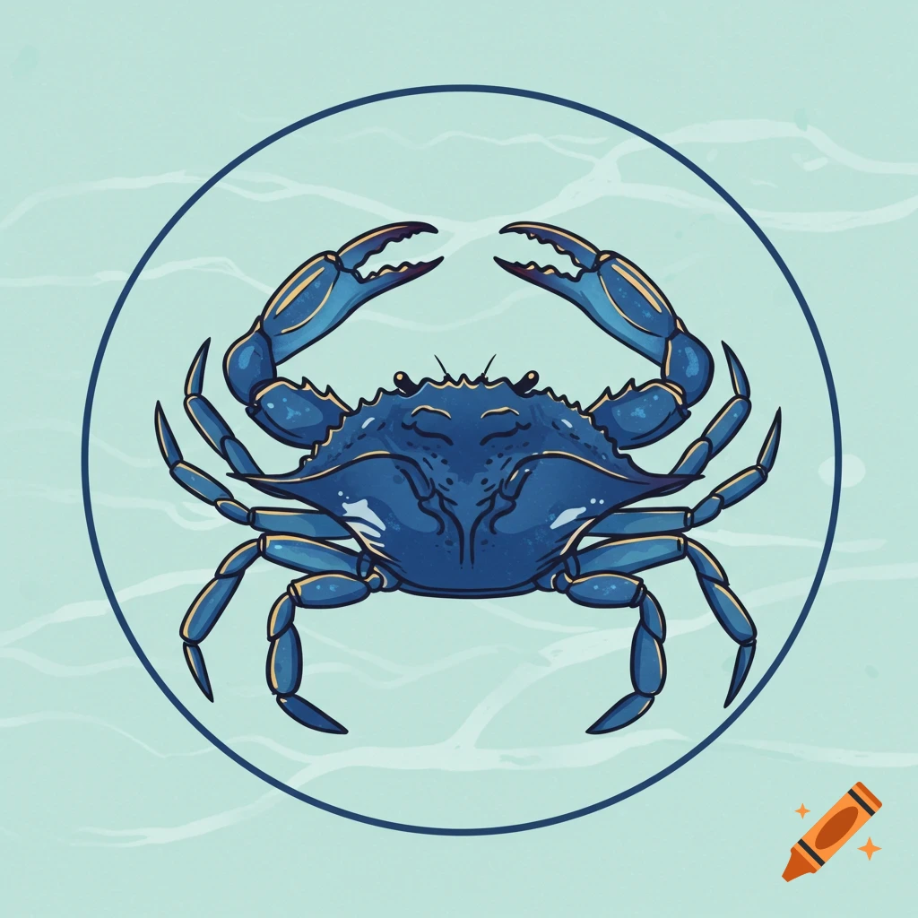 An illustrated blue crab with its claws raised, centered within a dark blue circle on a light blue background with subtle wave patterns.