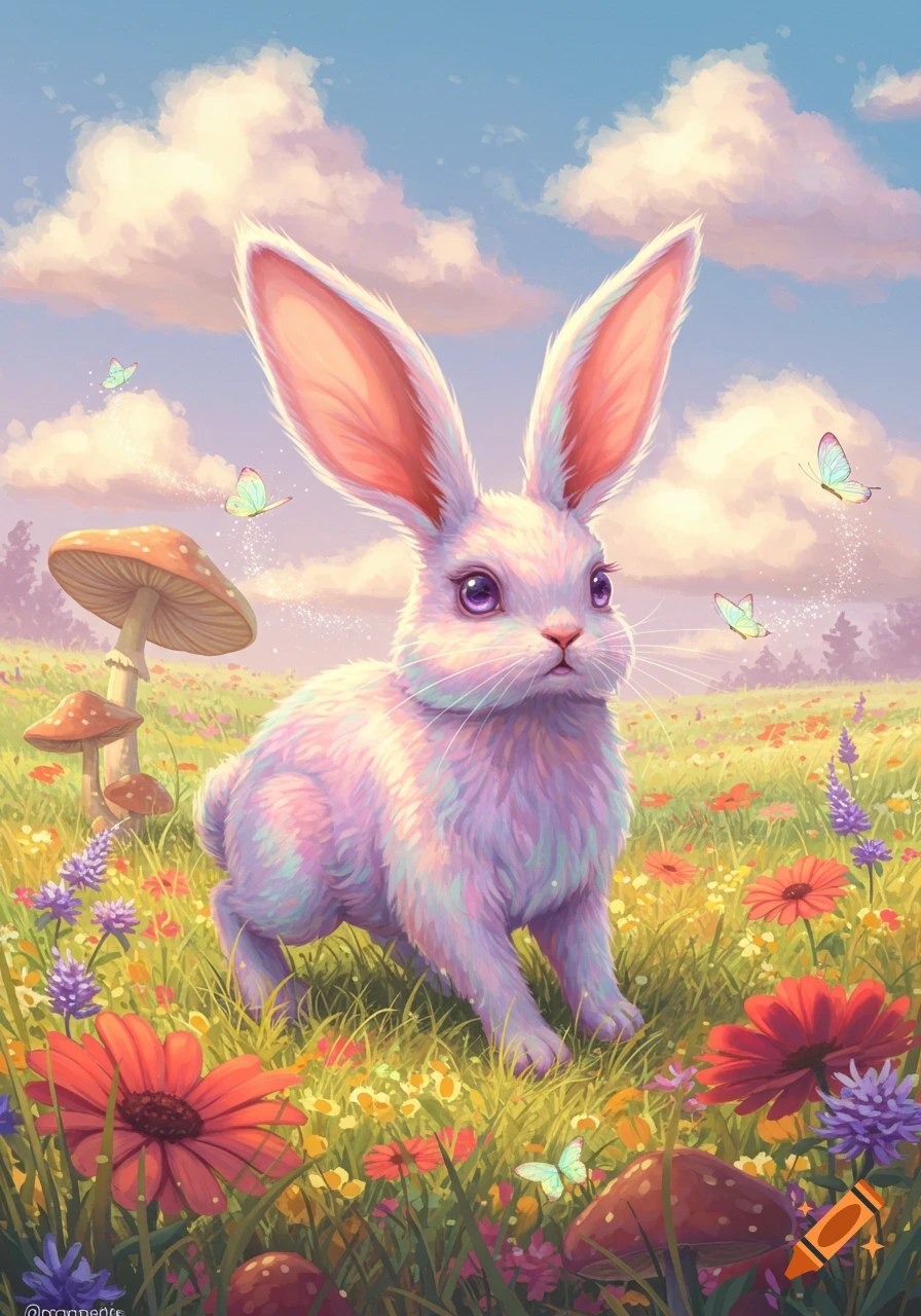 A whimsical, colorful illustration of a fluffy, pastel-colored bunny with purple eyes sitting in a vibrant field of flowers and mushrooms under a cloudy sky, with butterflies.