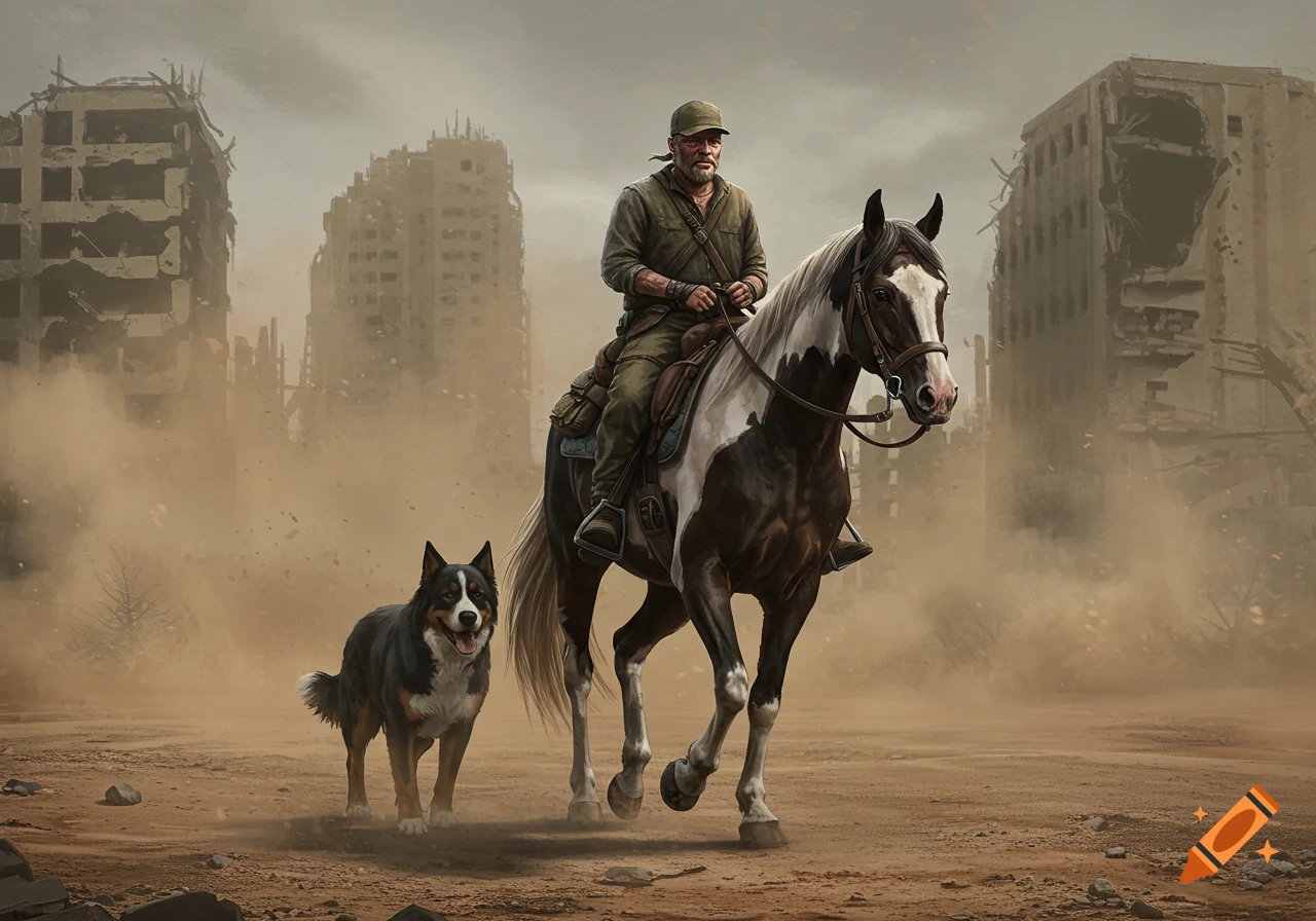 A man on a paint horse, accompanied by a dog, rides through the dusty ruins of a post-apocalyptic city under a grey sky. Photorealistic.