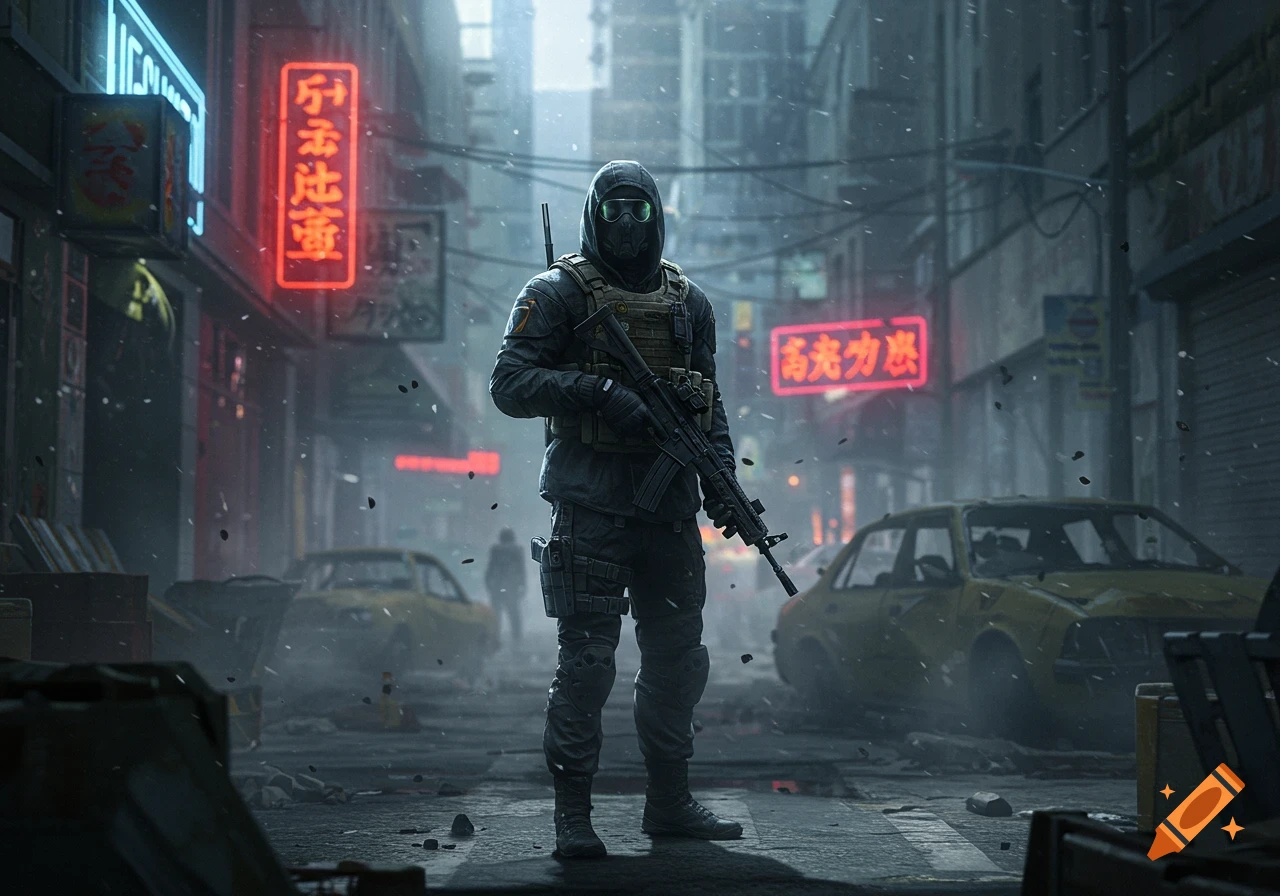 A tactical soldier with a rifle stands in a misty, dark, abandoned city street with neon signs and ruined cars, in a photorealistic style.