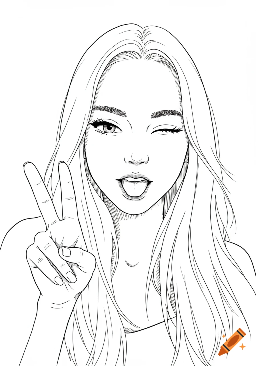 Black and white line art illustration of a young woman winking, sticking out her tongue, and making a peace sign.