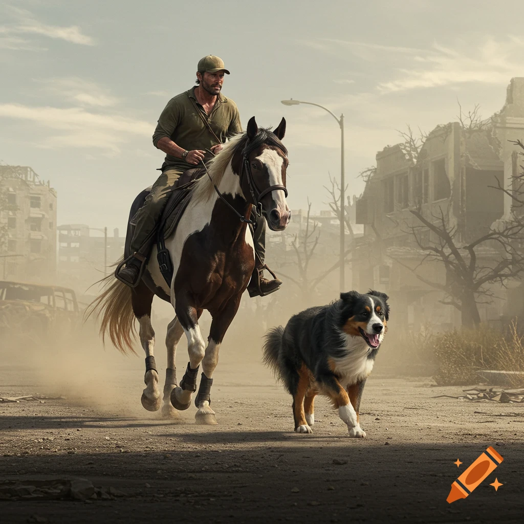 Man on horseback with a dog walks through dusty, ruined city. Photorealistic.