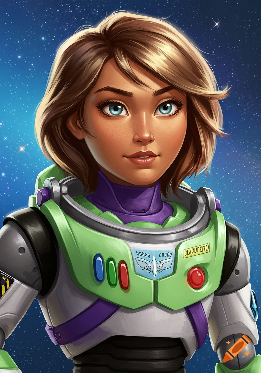A stylized portrait of a young woman with light brown hair and blue eyes, wearing a green and purple Buzz Lightyear space suit, against a starry sky.