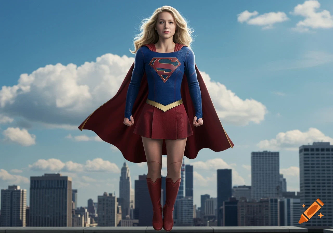 A photorealistic image of Supergirl in her iconic blue, red, and gold suit, floating above a city skyline under a blue sky.