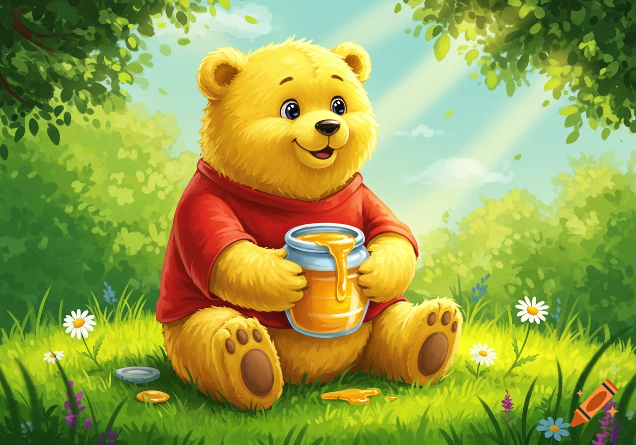 A cute, fluffy yellow cartoon bear in a red shirt sitting in a sunny green field, holding a jar of honey.