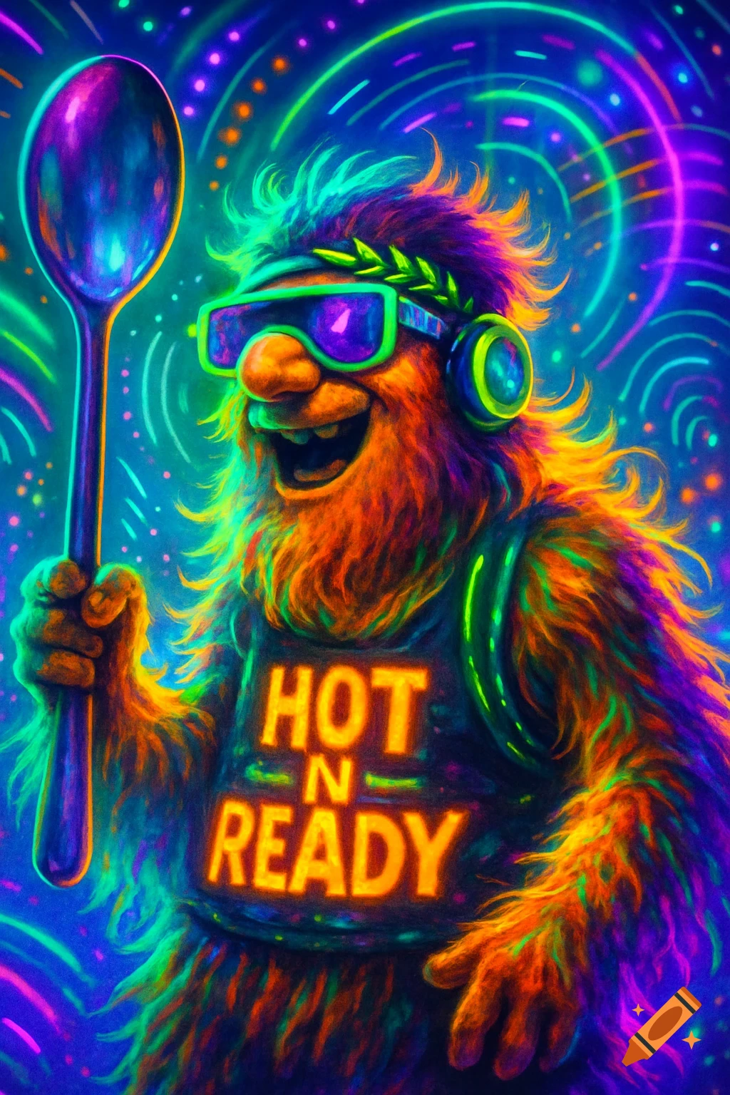 A colorful, furry monster character in rave attire, wearing sunglasses and headphones, holding a large spoon, with 'HOT N READY' on their shirt, against a psychedelic background.