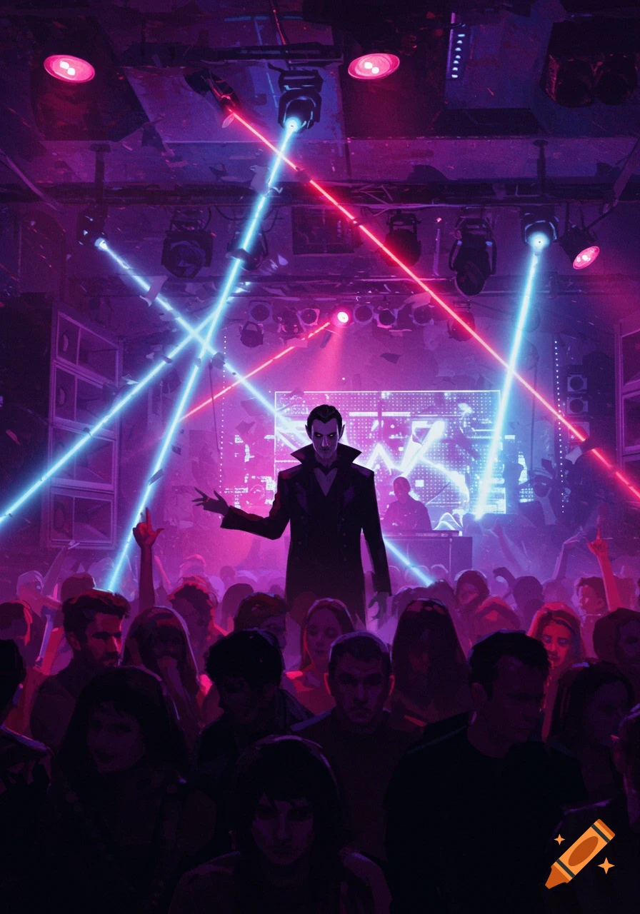 An illustrated scene of a vampire in a crowded, dark nightclub with vibrant pink and blue laser lights.