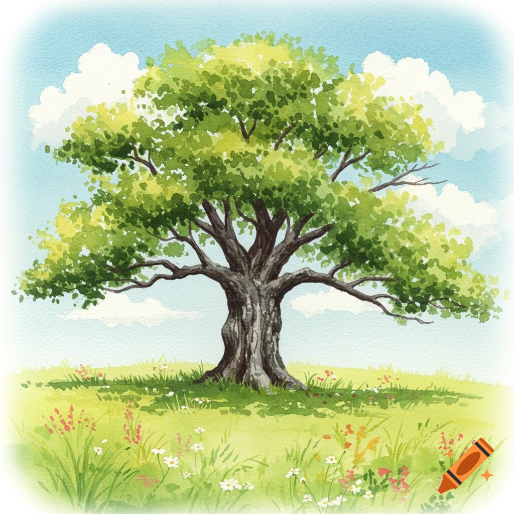 Watercolor painting of a vibrant green oak tree in a grassy field with wildflowers under a blue sky.