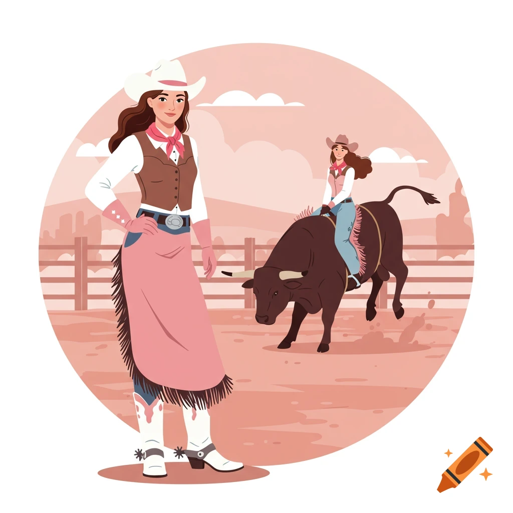 Illustration of a cowgirl in a pink skirt and hat, with another cowgirl riding a bull in a ranch setting.