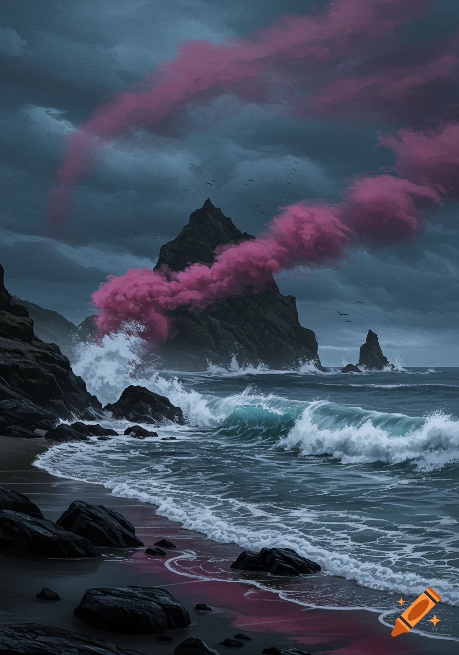 A moody, stormy seascape with a dark rocky island, crashing waves, and vibrant pink smoke rising into an overcast sky.