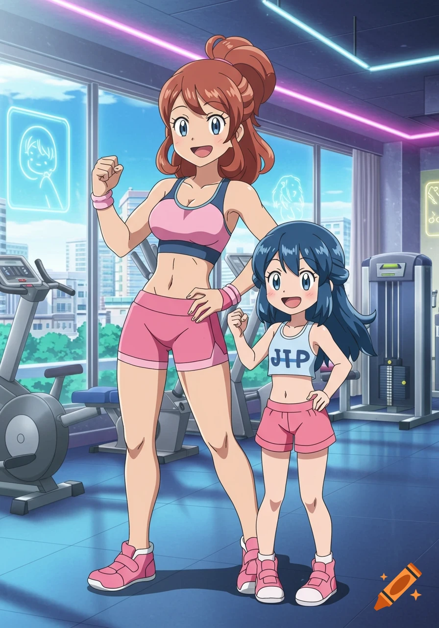 Anime characters Dawn's mom and Dawn flex muscles in a gym, wearing pink sports outfits.