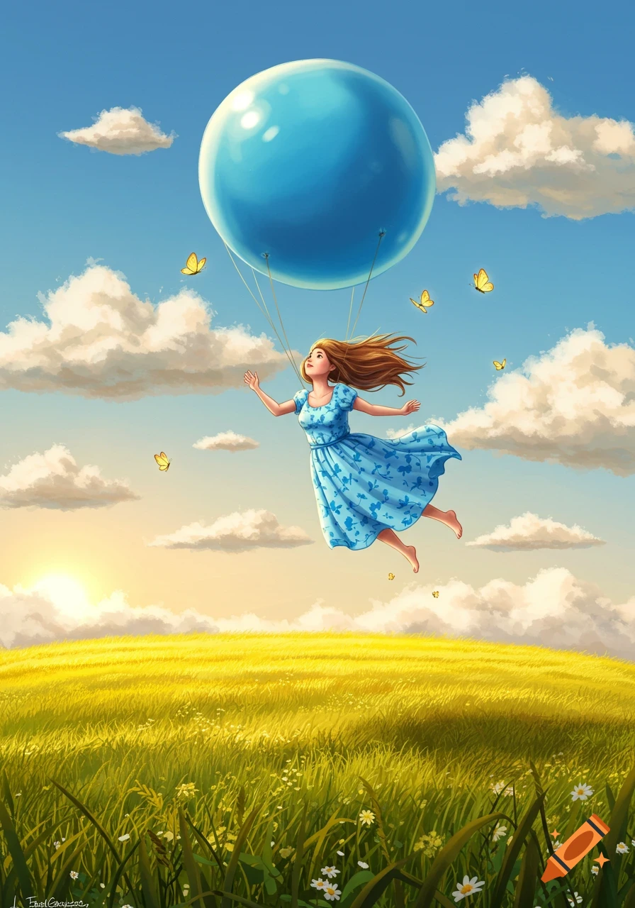 An illustrated woman in a blue dress floats high above a golden field, held by a large blue balloon, with butterflies and clouds in the sky.