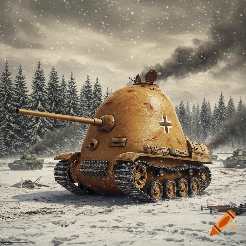 A whimsical potato-shaped tank with a cannon and tracks stands in a snowy forest battlefield, with other tanks in the background.