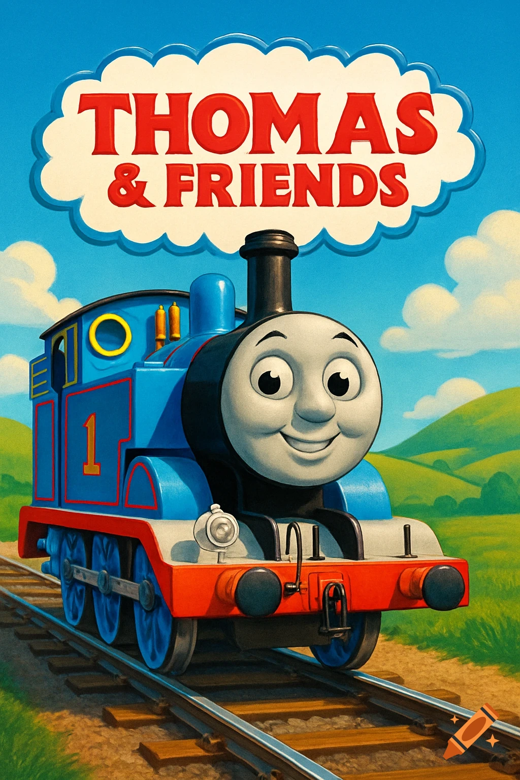 Thomas the Tank Engine smiling on train tracks with the 'Thomas & Friends' logo above.