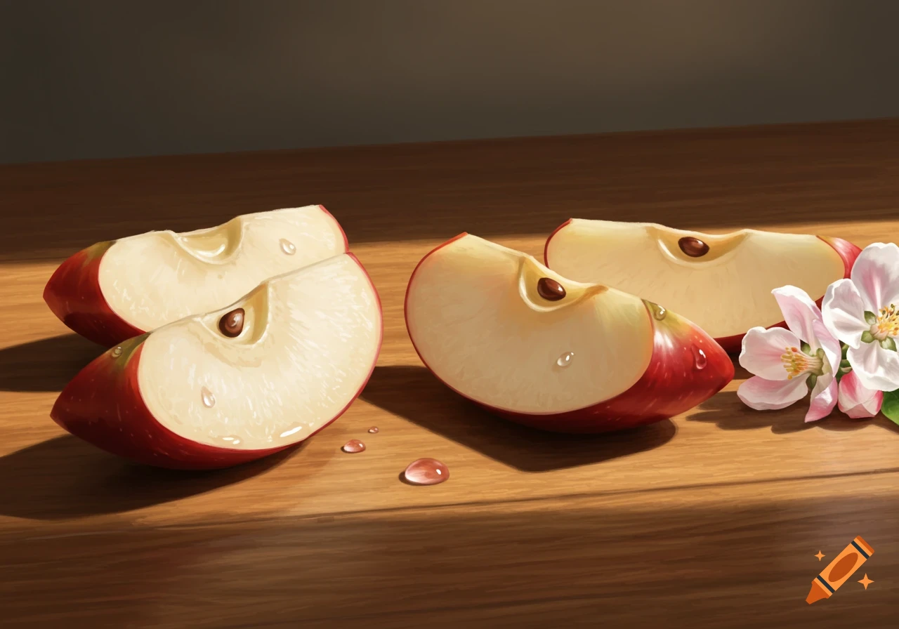 Multiple red apple slices and white apple blossoms on a wooden surface.
