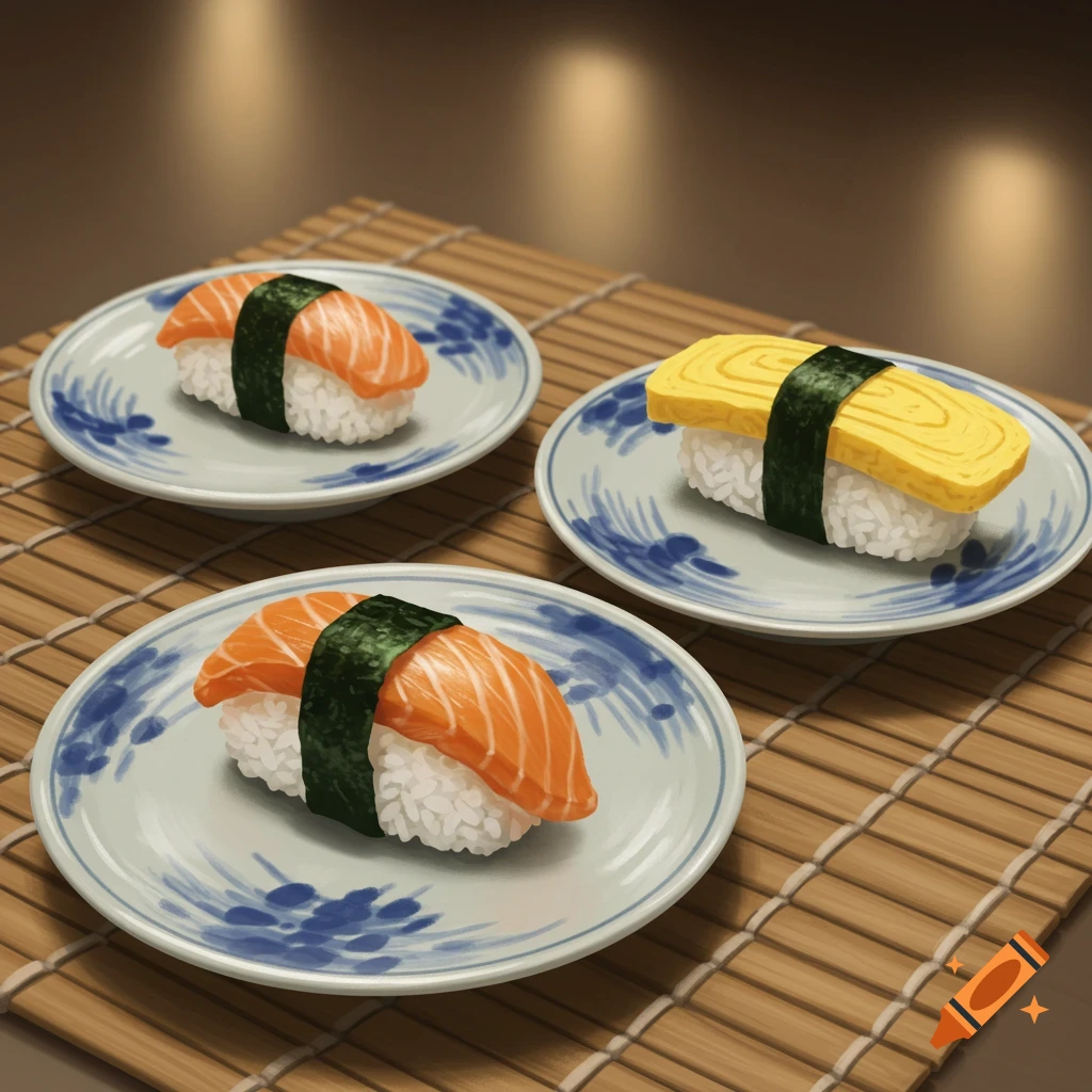 Three plates of nigiri sushi, two with salmon and one with egg, on a bamboo mat.