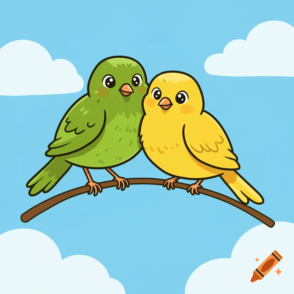 A cartoon green bird and a yellow bird perched together on a branch against a blue sky with clouds.
