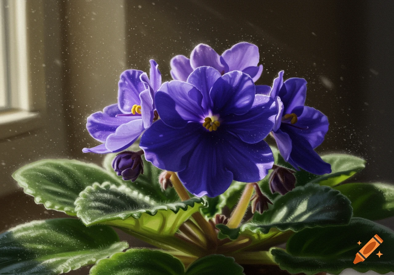A vibrant purple African violet plant with green fuzzy leaves, bathed in sunlight filtering through dust motes near a window. Photorealistic.