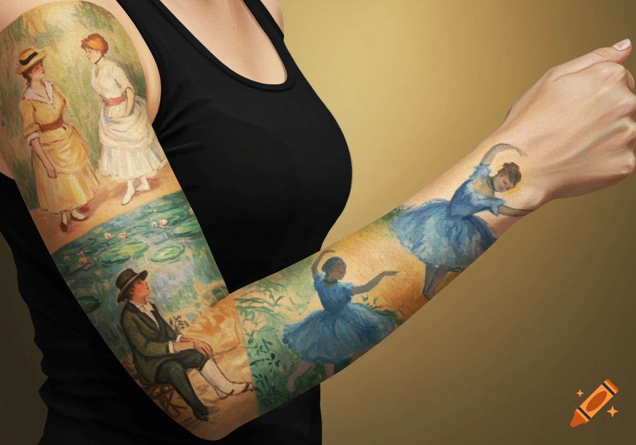 A woman's arm with a sleeve tattoo featuring various classical paintings, including water lilies, dancers, and figures.