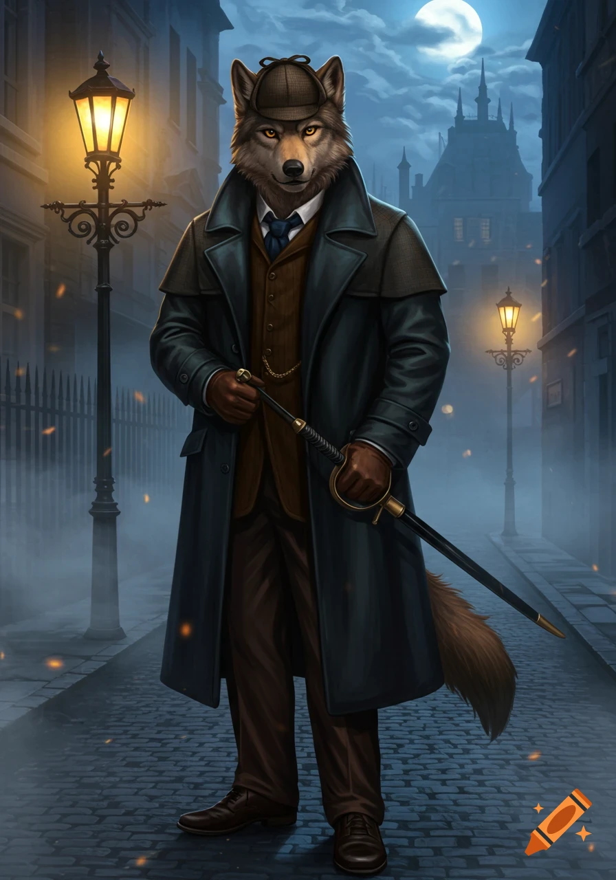 An anthropomorphic wolf dressed as a Victorian detective, holding a saber on a foggy cobblestone street under a full moon.