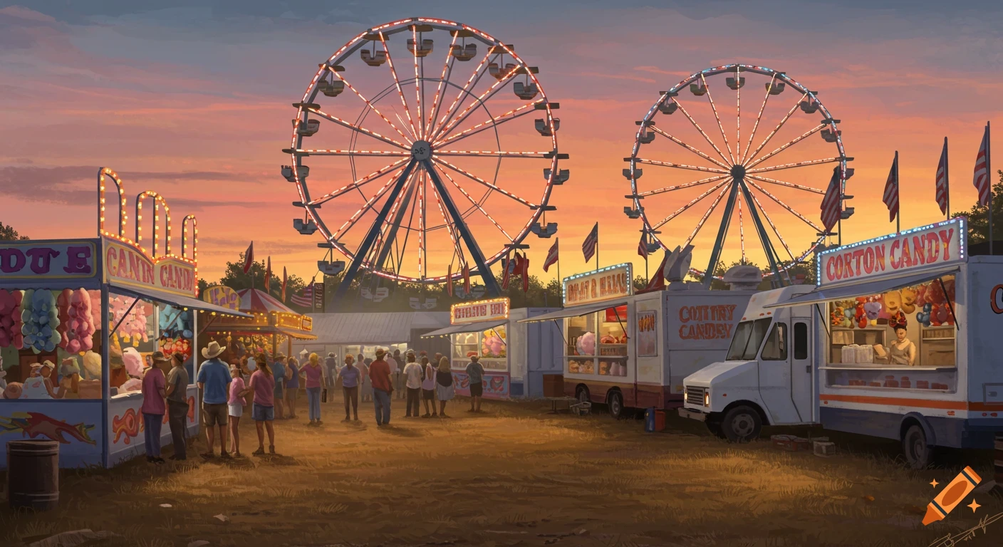 A vibrant carnival scene at sunset with two illuminated Ferris wheels, bustling food trucks, and crowds of people enjoying the fairgrounds.
