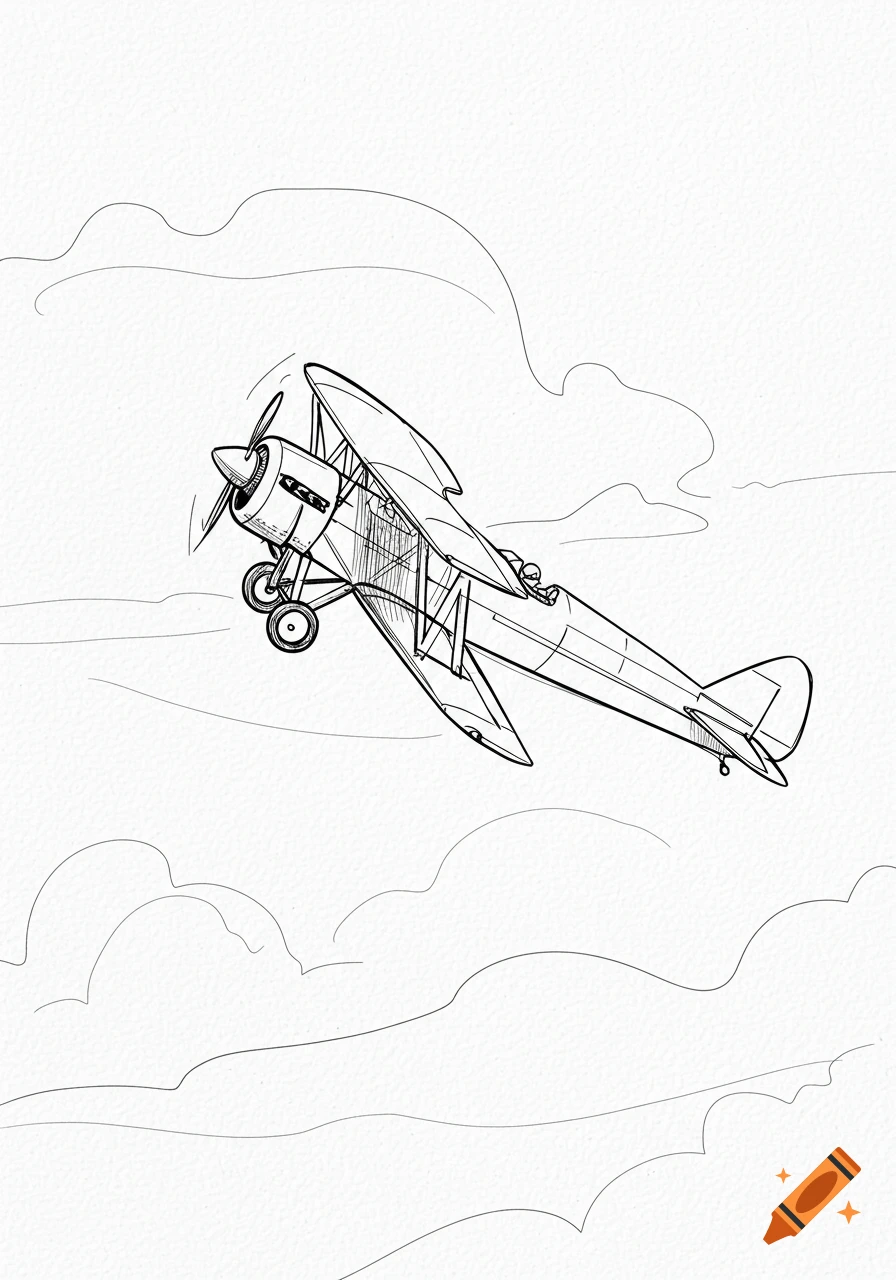 Black and white line drawing of a biplane with a spinning propeller, soaring against a white sky with faint cloud outlines.