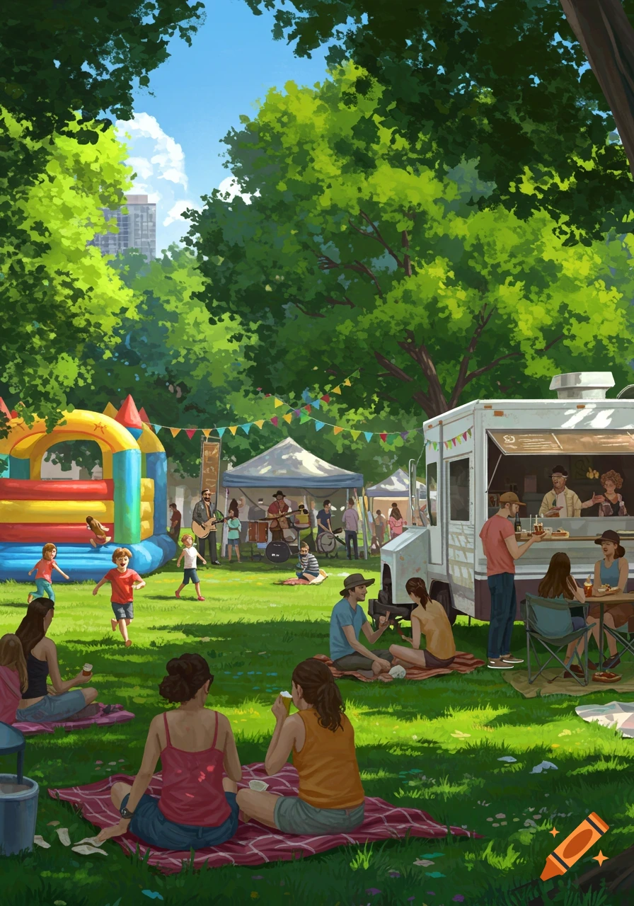 A vibrant community festival in a sunny park with families, children playing near a bouncy castle, people at a food truck, and a band playing live music.
