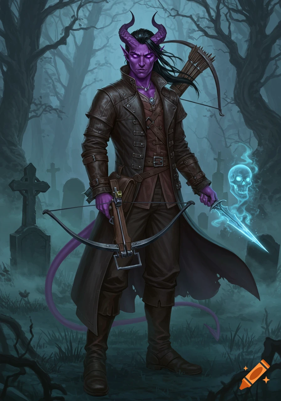 A male tiefling character with purple skin and horns, wearing a leather coat, holds a crossbow and a glowing blue skull dagger in a foggy cemetery.