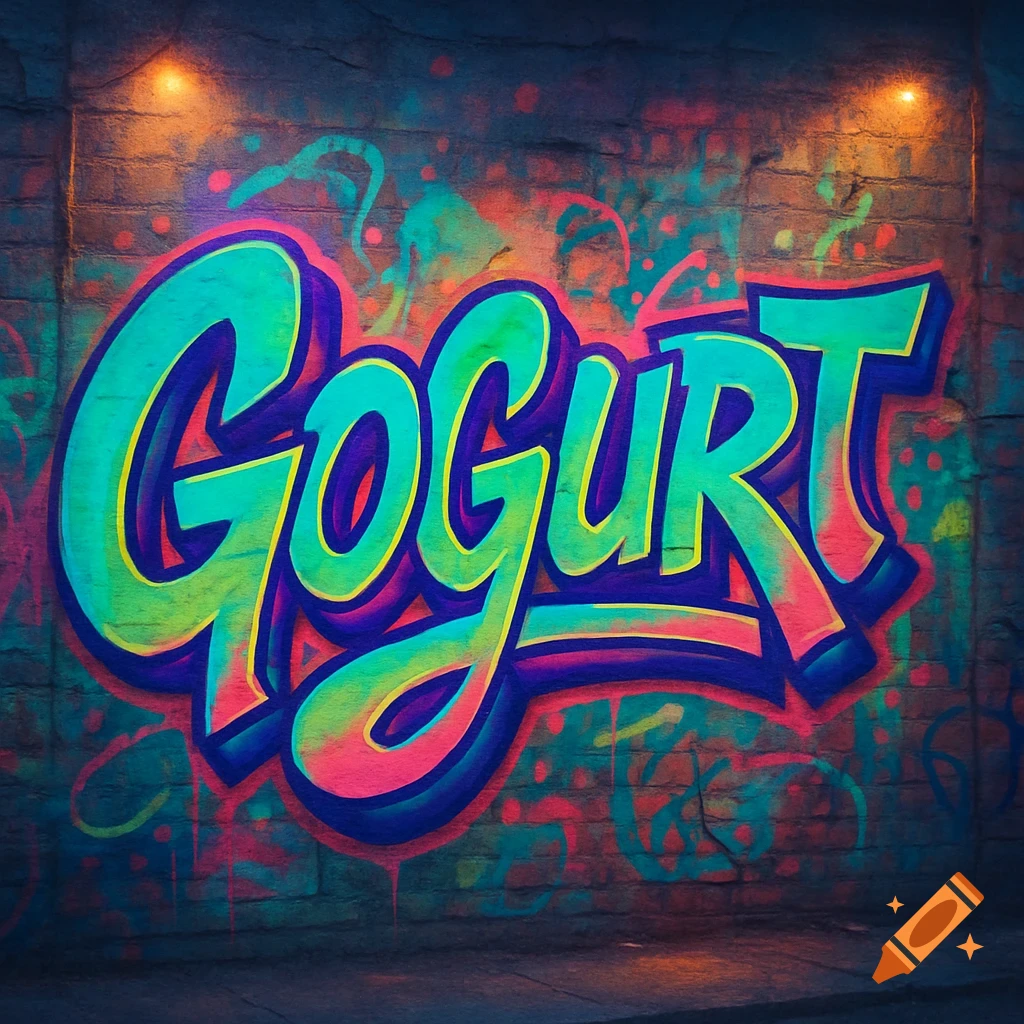 The word "GOGURT" in vibrant, colorful graffiti on a dark brick wall under spotlights.