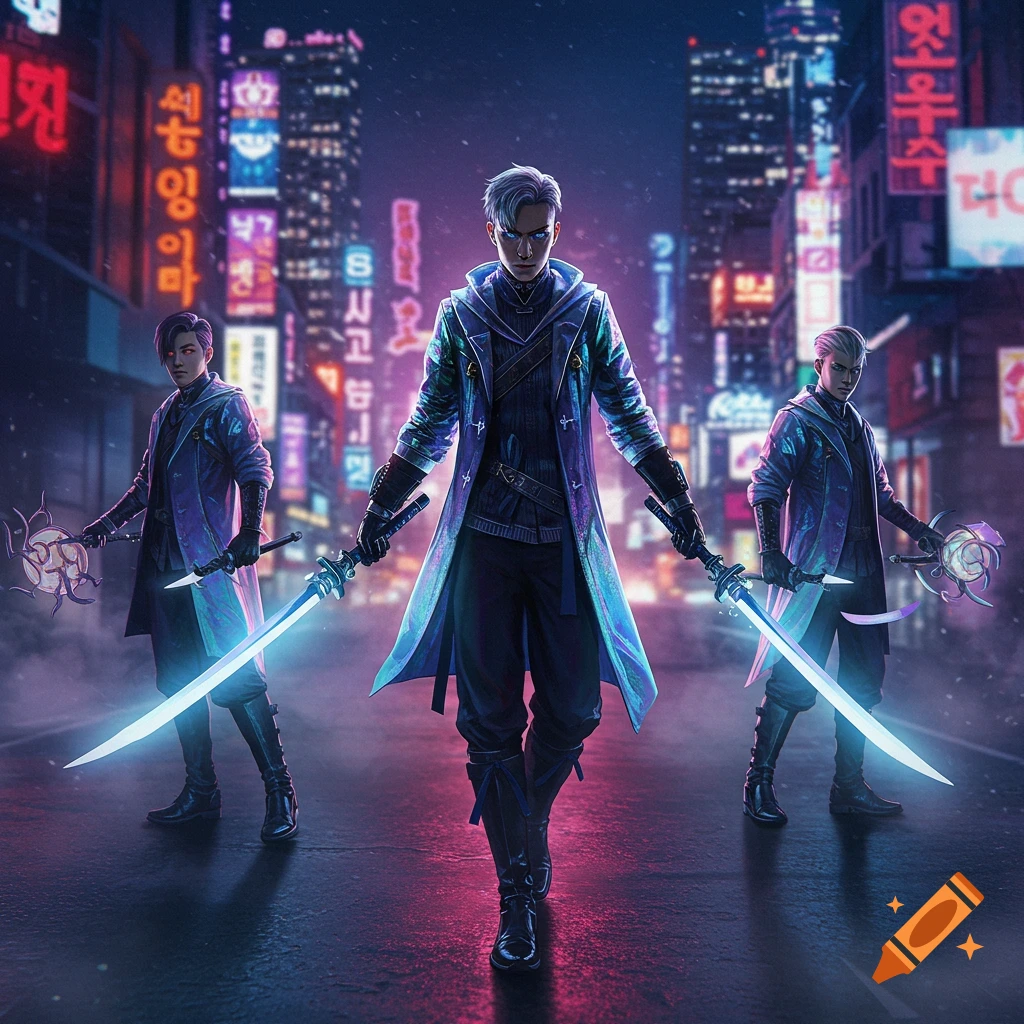 Three male figures in glowing coats and cybernetic armor wield neon swords on a rain-slicked cyberpunk street at night.
