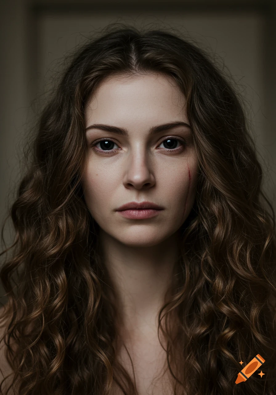 A close-up photorealistic portrait of a woman with long wavy brown hair, a pale face, dark eyes, and a red scar on her cheek.