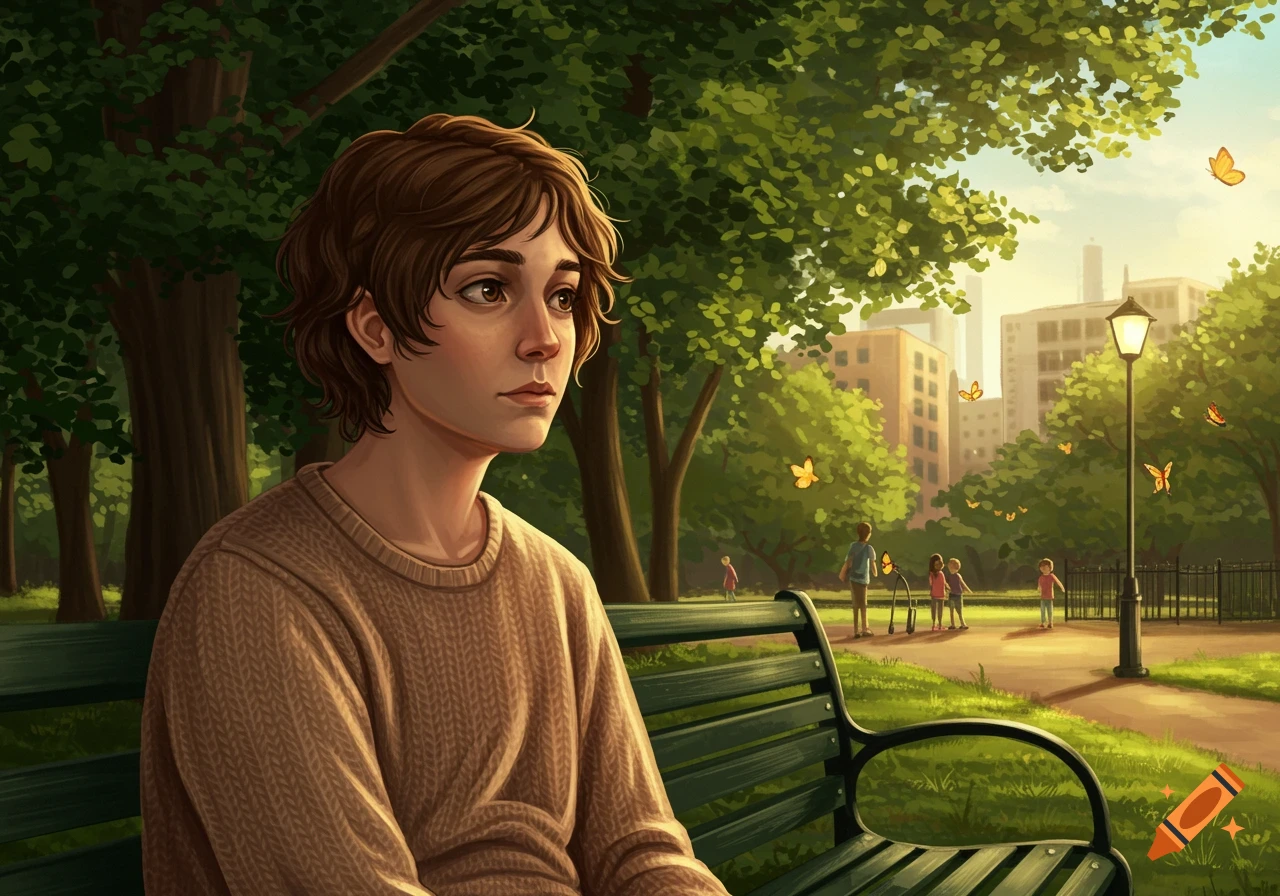 A contemplative person with brown hair sits on a park bench amidst trees, children, and butterflies, with distant city buildings, in an illustrated style.